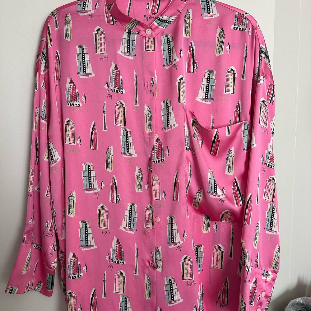 Pink Button-Up Shirt with Building Print
